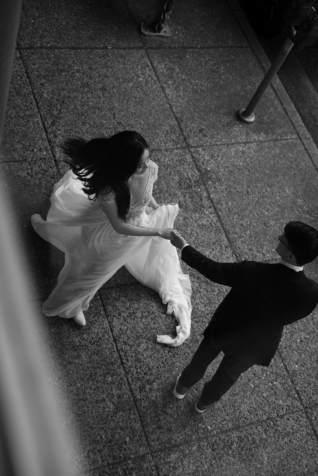 bride and groom walking dog through hoy arboretum