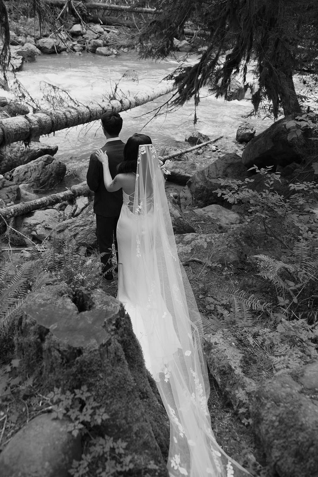 bride and groom walking Horseshoe Bend Trail Mt. Baker Washington, cinematic wedding photography<br />
Pacific Northwest